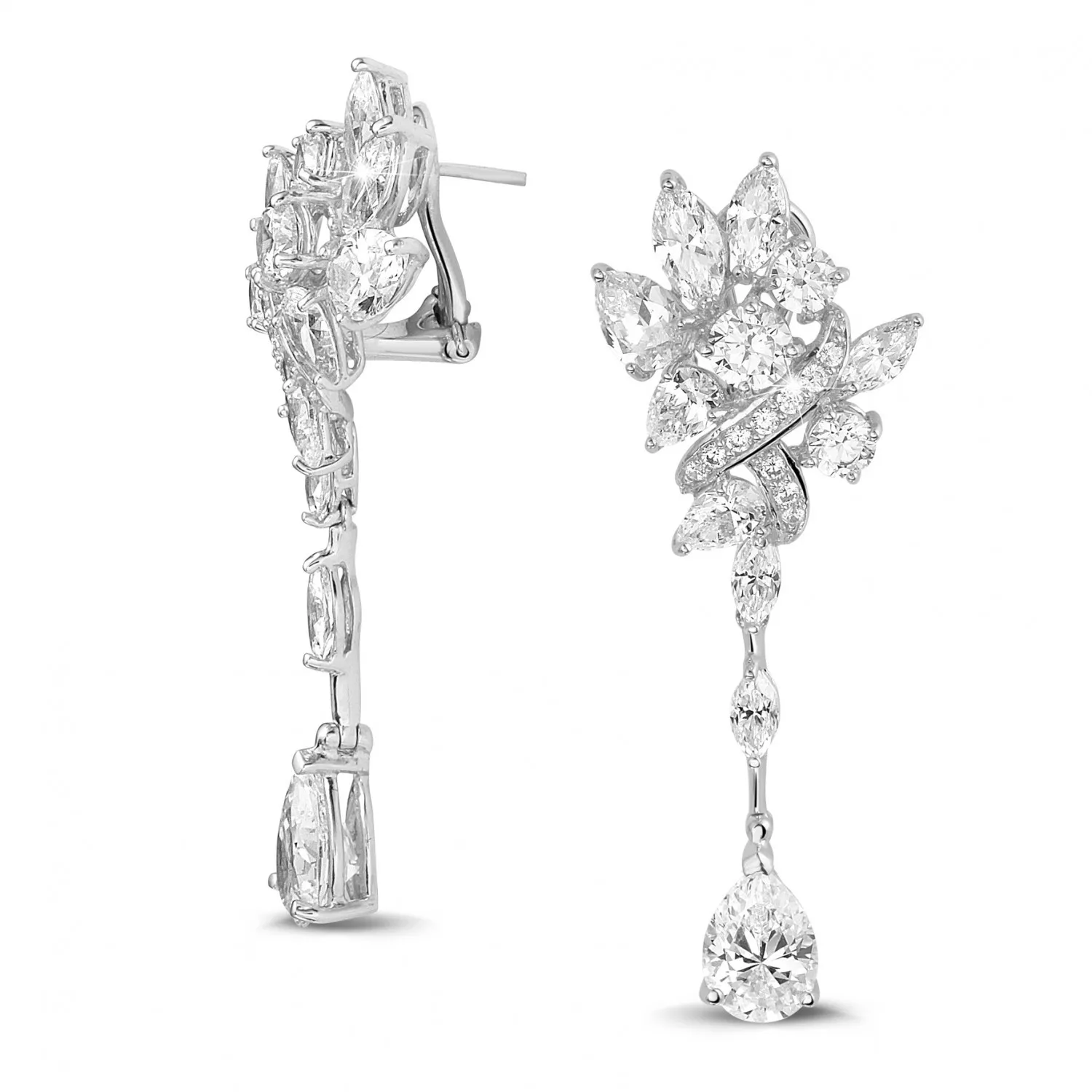 12.80 quilates pendientes en oro blanco con diamantes redondos, talla marquesa y forma de pera 