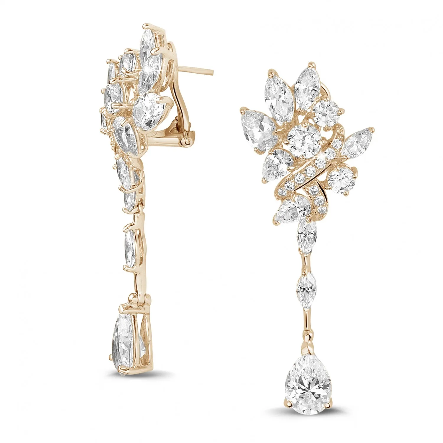 12.80 quilates pendientes en oro rojo con diamantes redondos, talla marquesa y forma de pera 