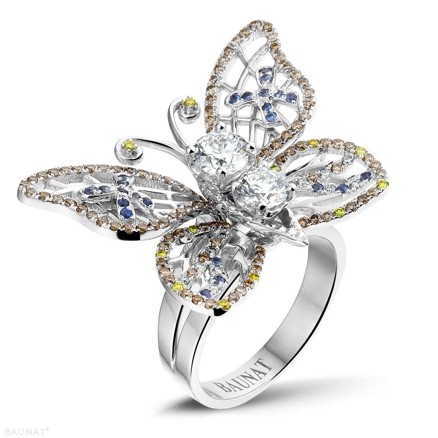 1.75 quilates anillo mariposa diseño en oro blanco con diamantes color coñac y zafiro 