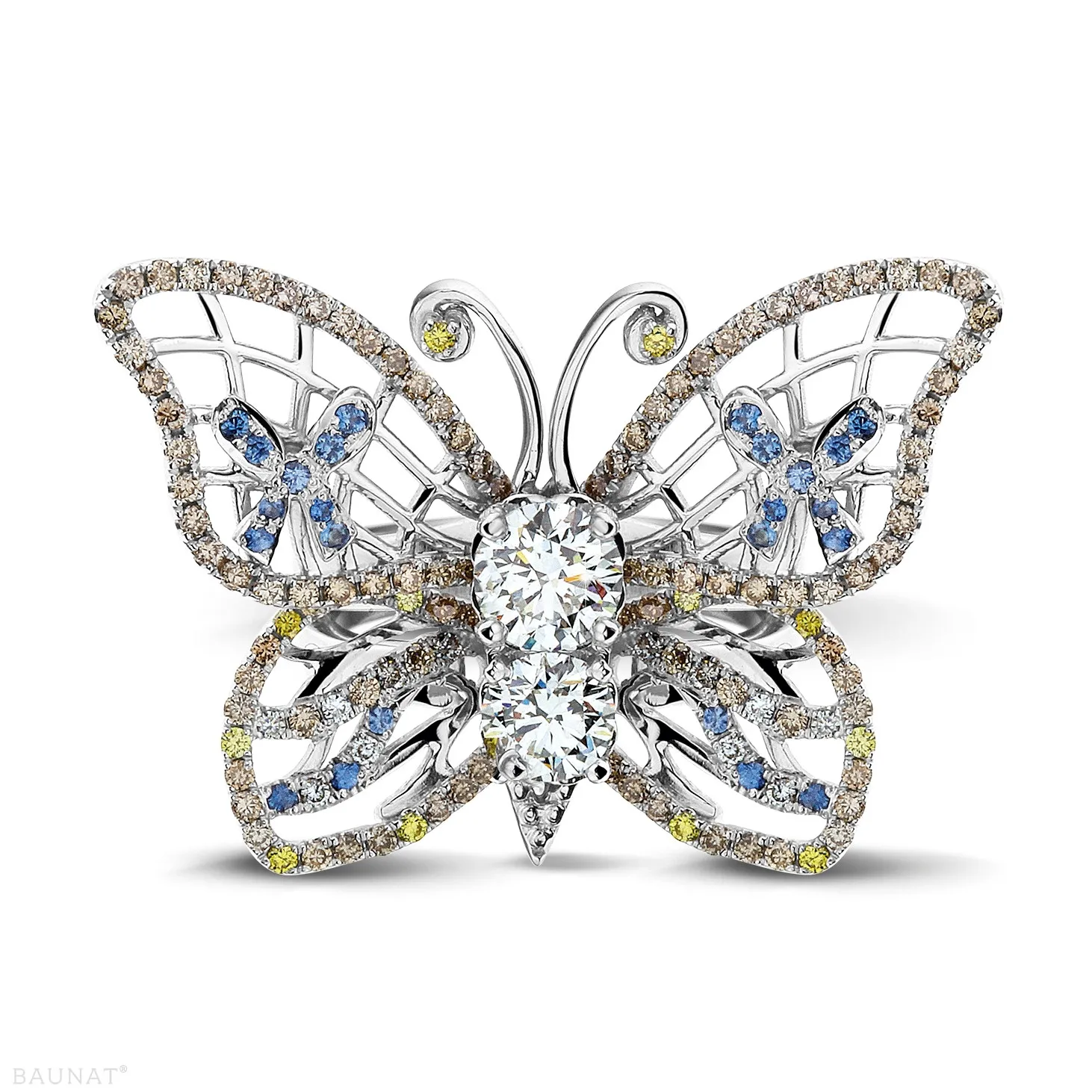 1.75 quilates anillo mariposa diseño en oro blanco con diamantes color coñac y zafiro 