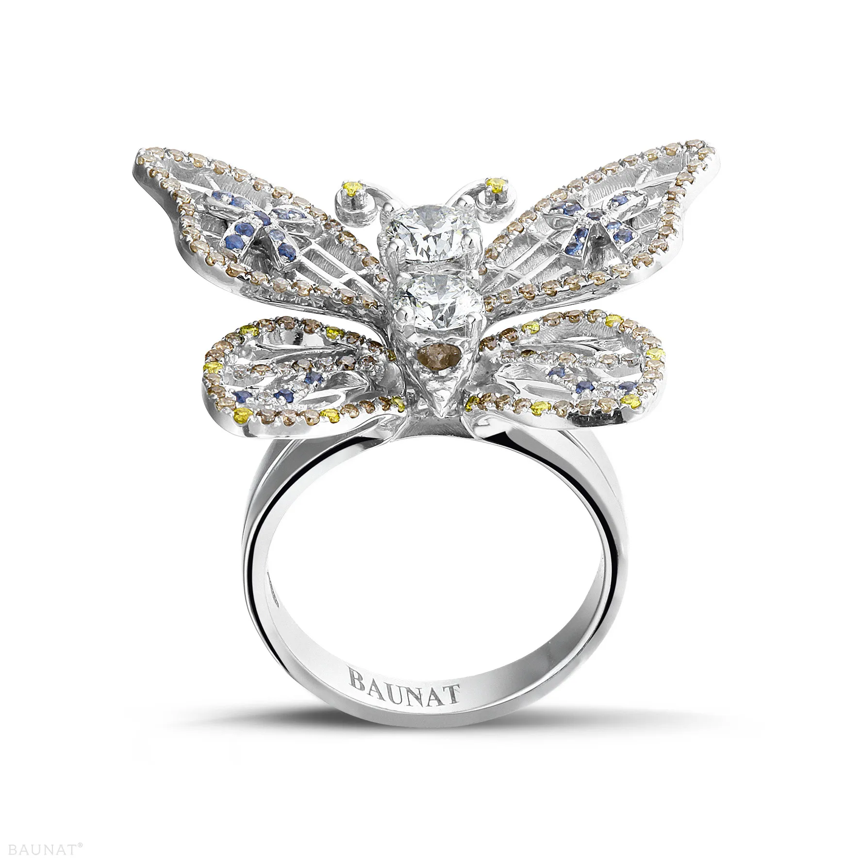 1.75 quilates anillo mariposa diseño en oro blanco con diamantes color coñac y zafiro 