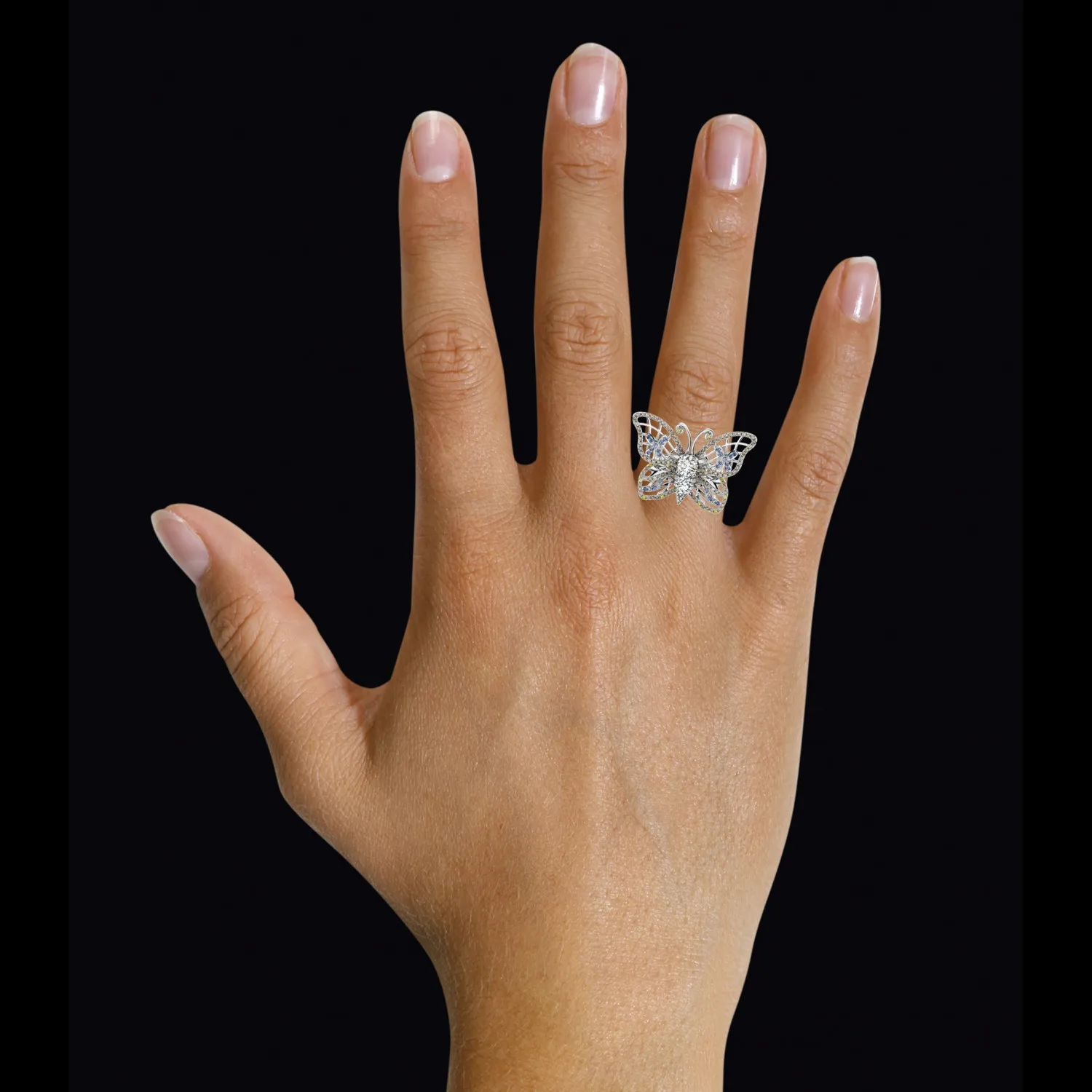 1.75 quilates anillo mariposa diseño en oro blanco con diamantes color coñac y zafiro 