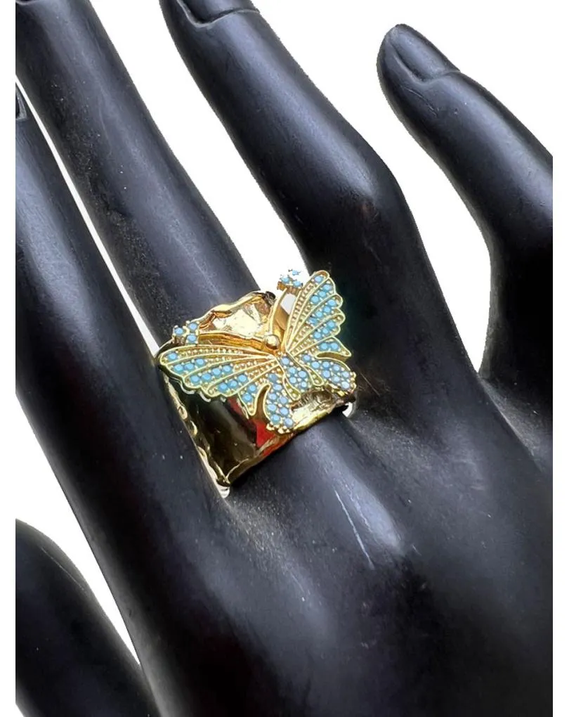 ANILLO MUJER ANCHO BAÑADO EN ORO CON MARIPOSA TURQUESA