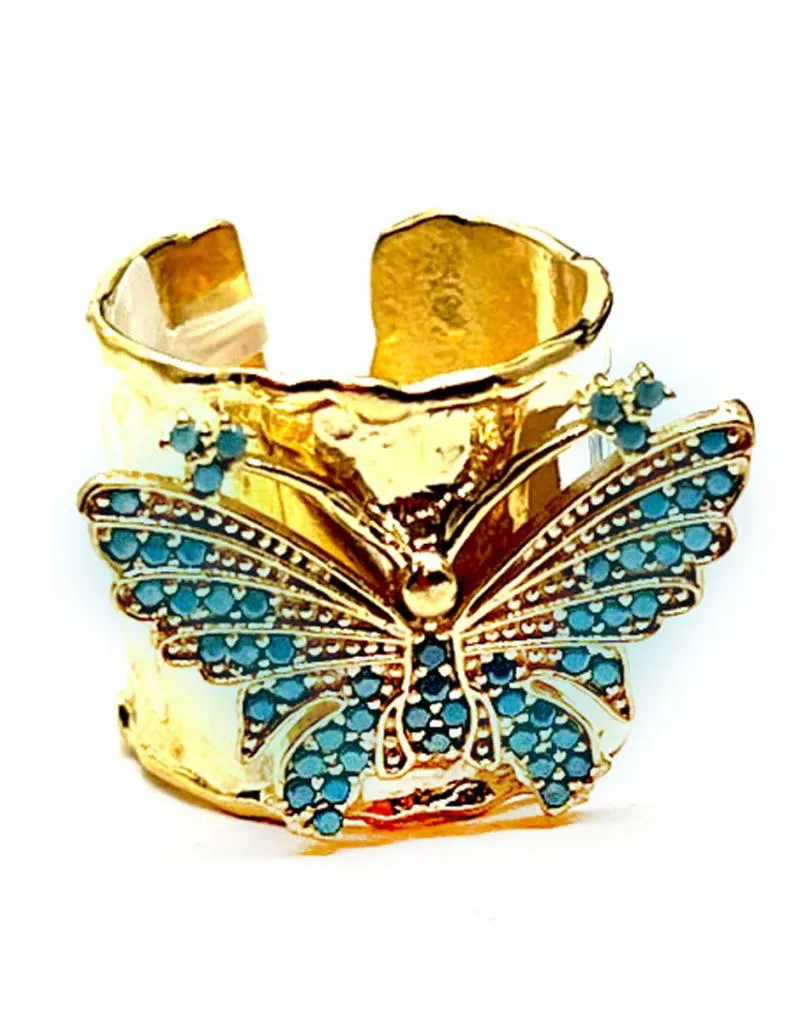 ANILLO MUJER ANCHO BAÑADO EN ORO CON MARIPOSA TURQUESA