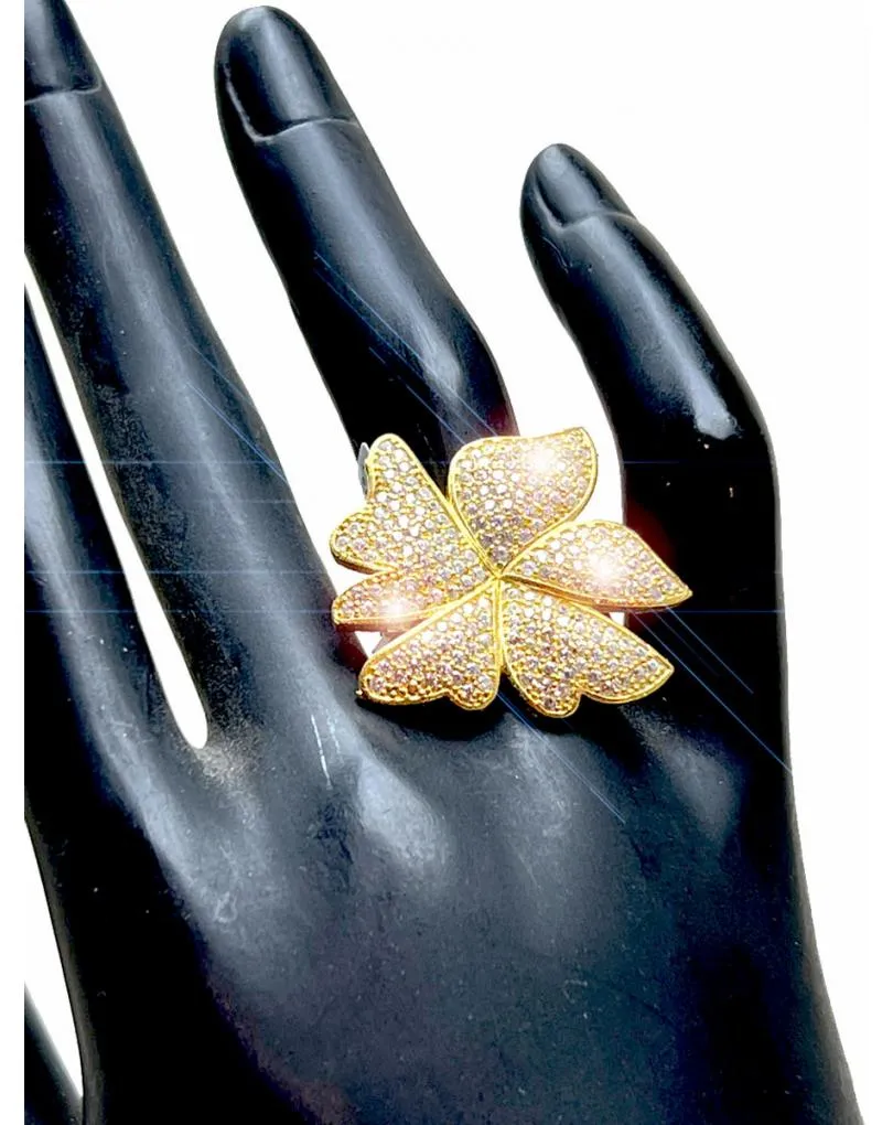 ANILLO MUJER BAÑADO EN ORO DE BISUTERÍA FINA CON FLOR EN CRISTAL FACETADO BLANCO