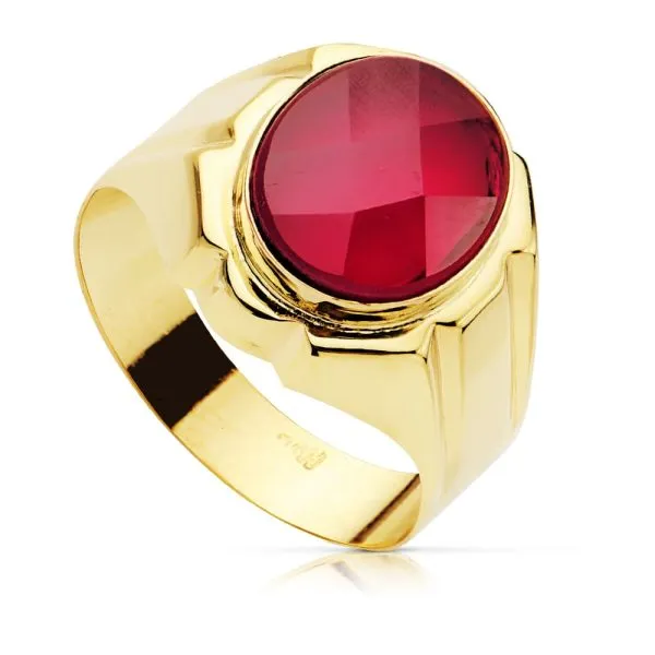 Anillo Oro 9 kt. Sello Piedra Roja