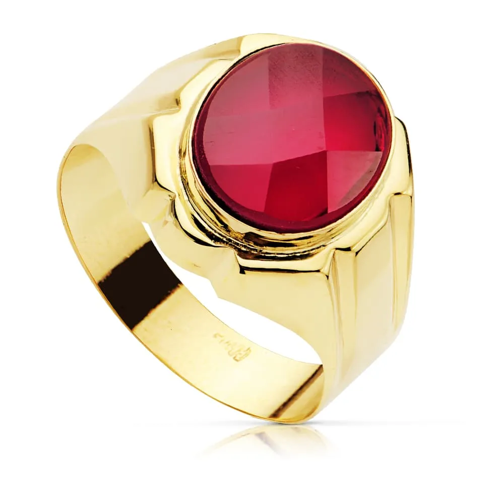 Anillo Oro 9 kt. Sello Piedra Roja