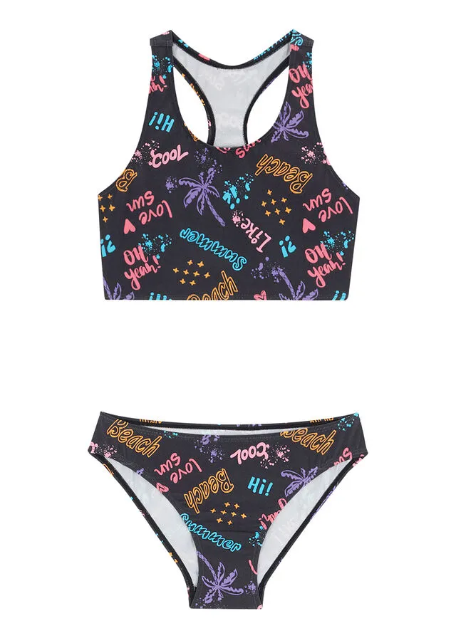 Bikini para niñas de material sostenible (2 piezas) Negro estampado