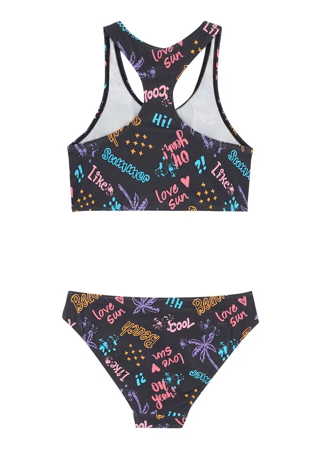 Bikini para niñas de material sostenible (2 piezas) Negro estampado
