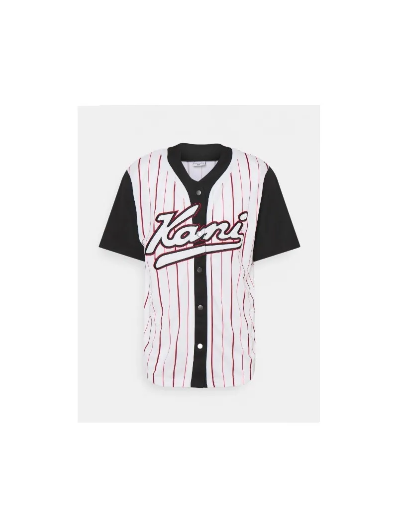 Camiseta beisbolera KARL KANI manga corta unisex VARSITY BLOCK PINSTRIPE BASEBALL White Ref. KKMQ12171WHT Blanca rayas (copia)