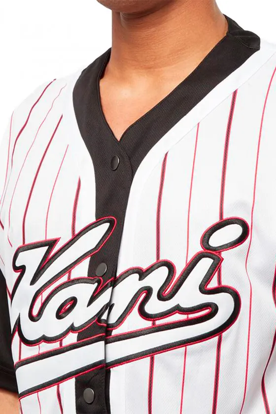 Camiseta beisbolera KARL KANI manga corta unisex VARSITY BLOCK PINSTRIPE BASEBALL White Ref. KKMQ12171WHT Blanca rayas