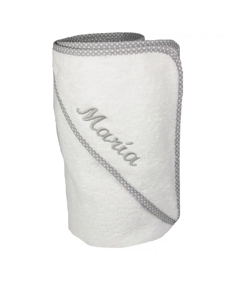 Capa de baño para bebé con ribete gris con nombre bordado
