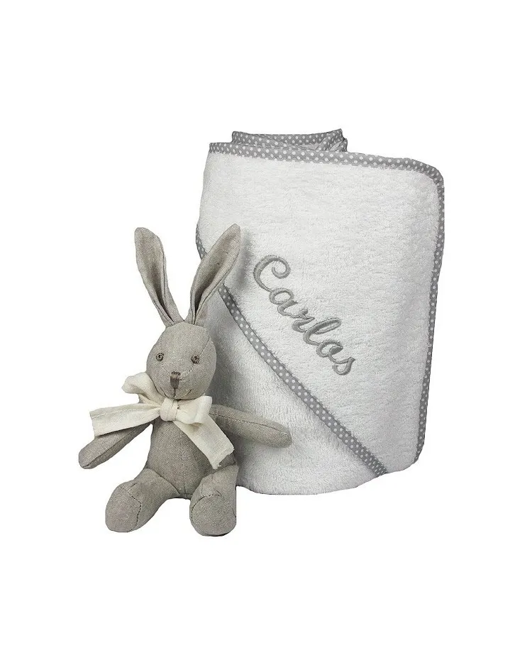 Capa de baño para bebé con ribete gris con nombre bordado
