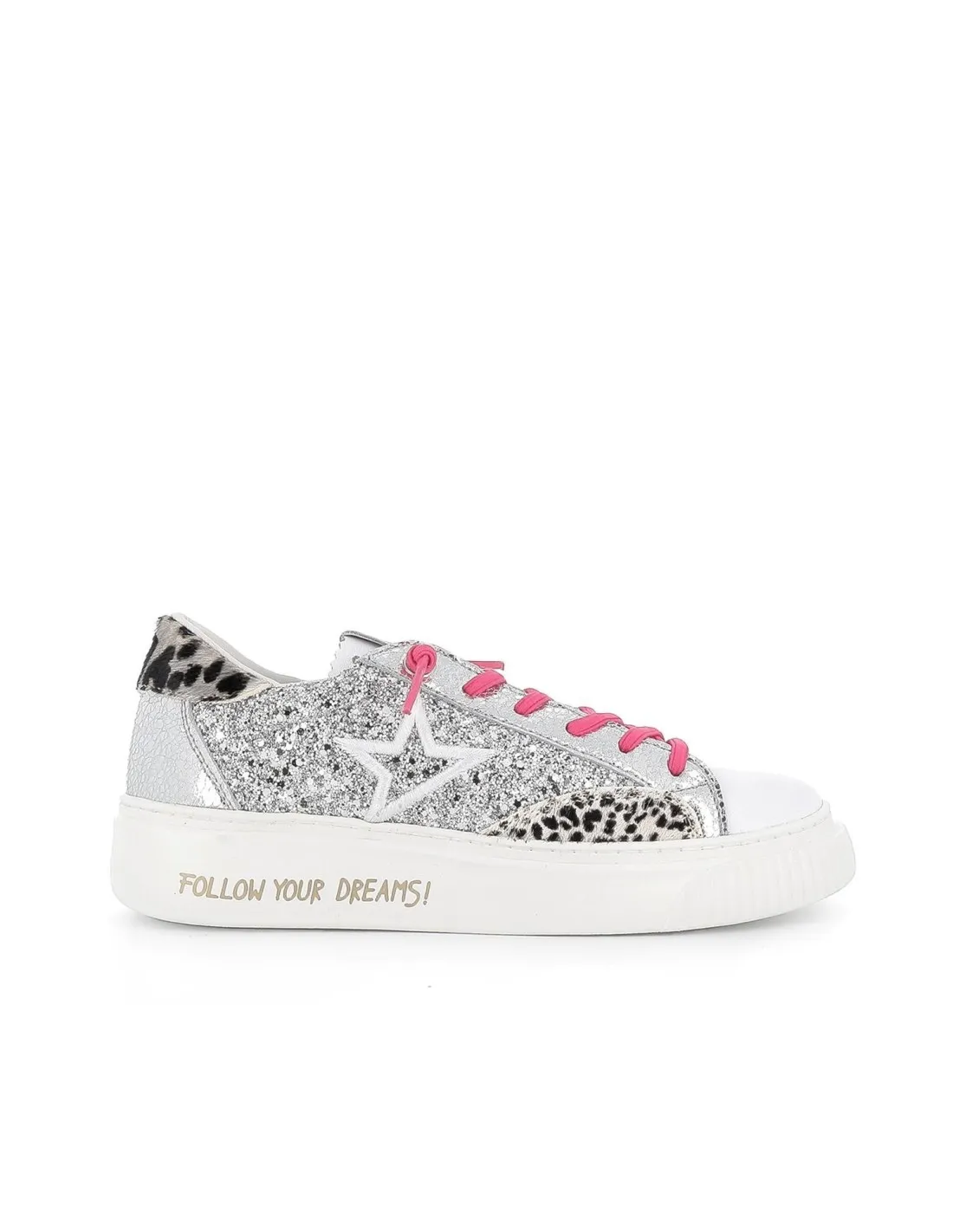 Deportivas casual cordones elásticos animal print glitter plata mujer CETTI