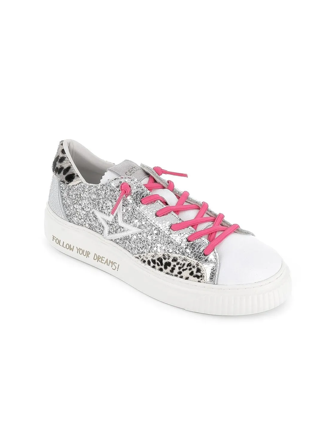 Deportivas casual cordones elásticos animal print glitter plata mujer CETTI