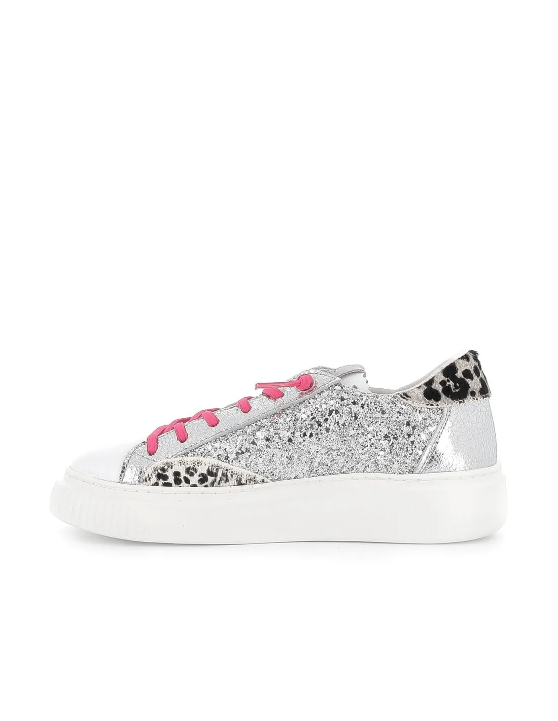 Deportivas casual cordones elásticos animal print glitter plata mujer CETTI