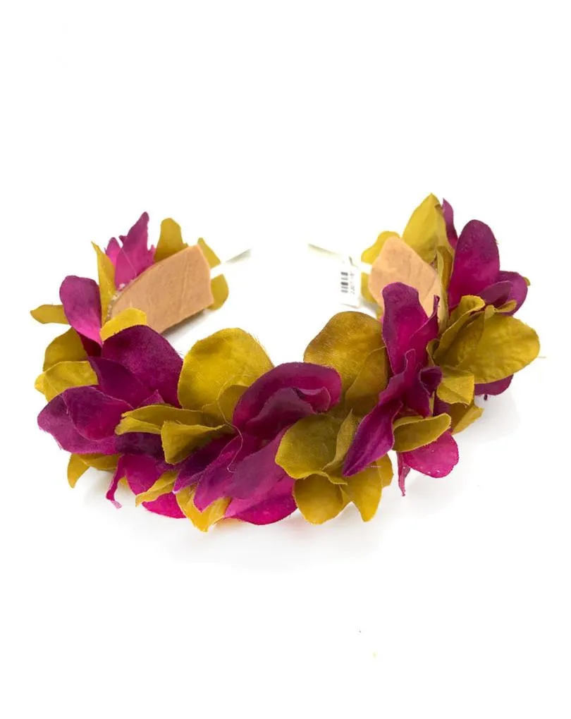 DIADEMAS BODA CON FLORES BUGAMBILIAS Y AMARILLO LATON
