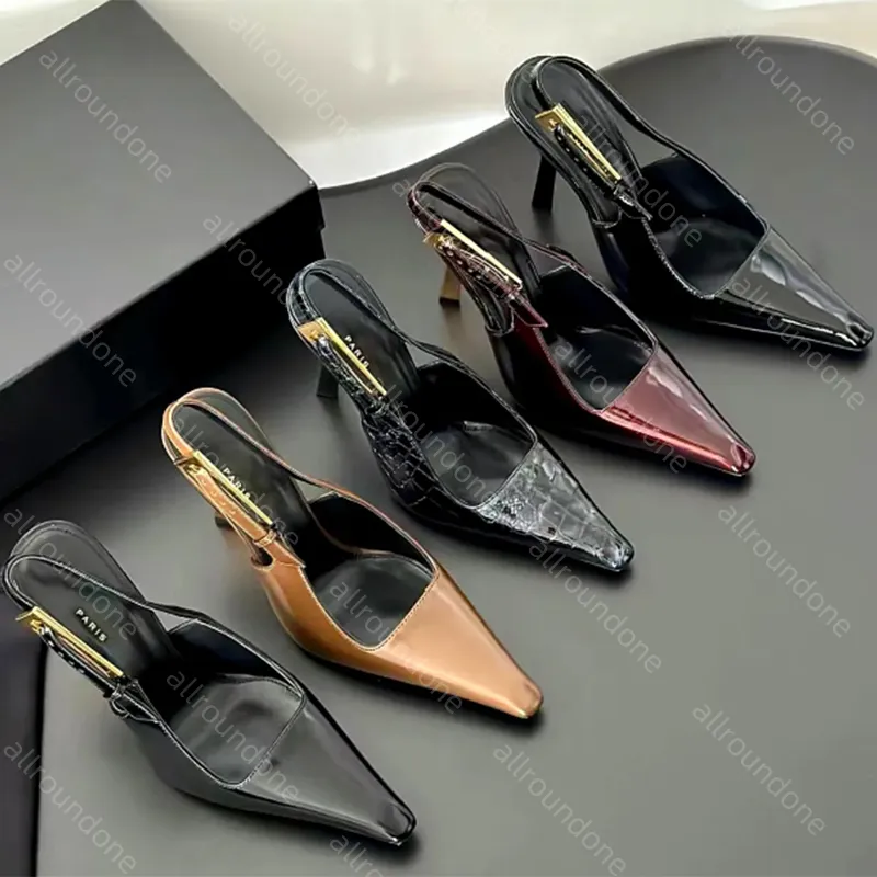 Diseñador Patente de cuero tacones tacones de tacones altos sandalias para mujeres punteras de tacón de tacón de tacones de tacó