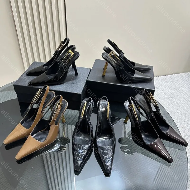 Diseñador Patente de cuero tacones tacones de tacones altos sandalias para mujeres punteras de tacón de tacón de tacones de tacó
