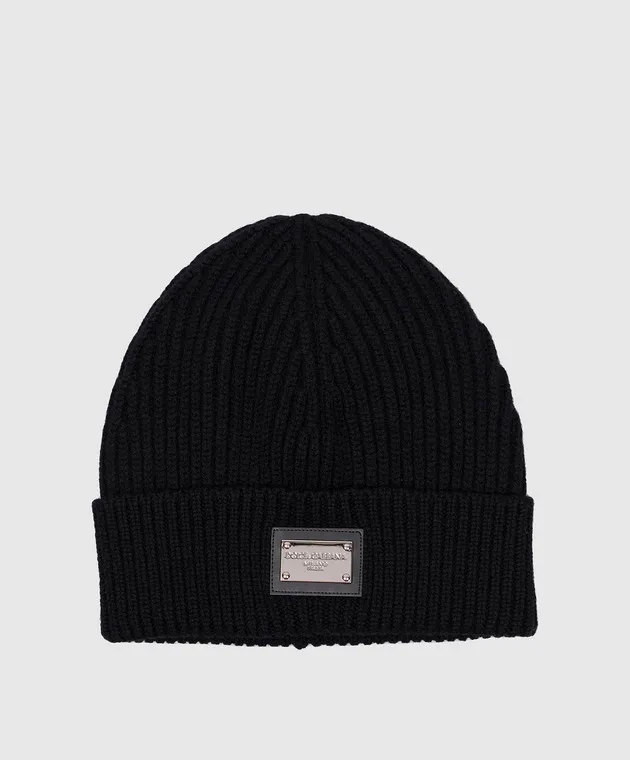Dolce&Gabbana Black wool and cashmere cap with logo patch