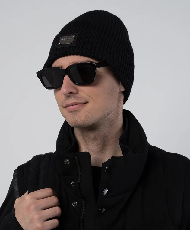 Dolce&Gabbana Black wool and cashmere cap with logo patch