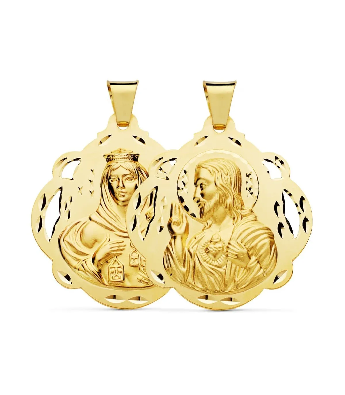 Escapulario V. Carmen y C. Jesús Oro 18 K 42 mm Pandereta
