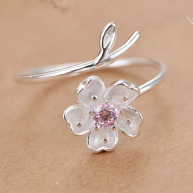 Fresh Pink Crystal Frosted Cherry Vivid Flower Branch Girl's Open Ring