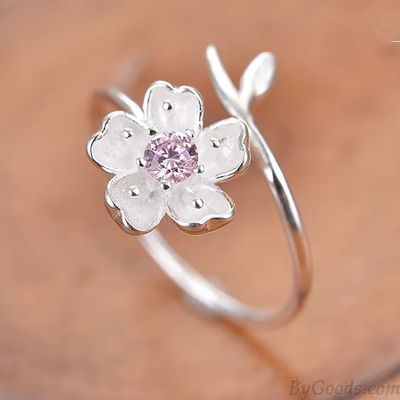 Fresh Pink Crystal Frosted Cherry Vivid Flower Branch Girl's Open Ring