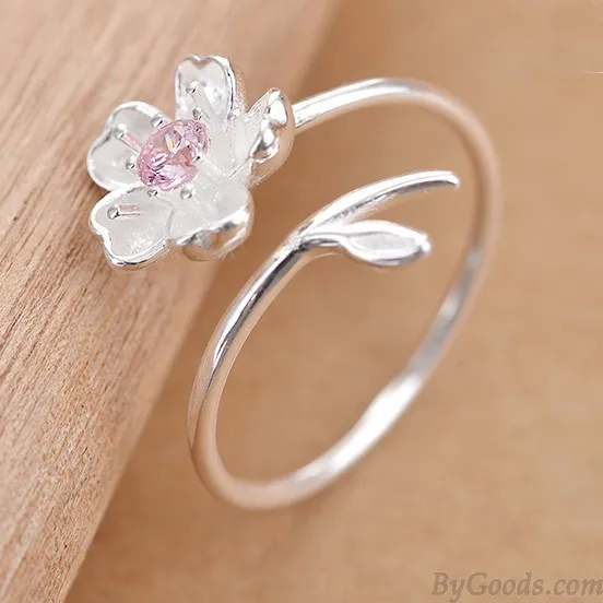 Fresh Pink Crystal Frosted Cherry Vivid Flower Branch Girl's Open Ring