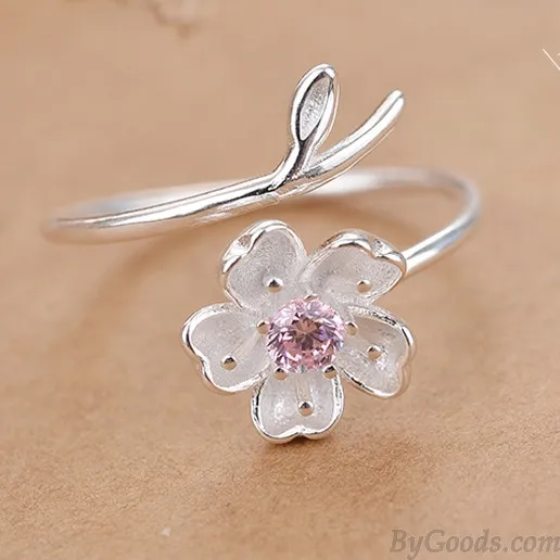 Fresh Pink Crystal Frosted Cherry Vivid Flower Branch Girl's Open Ring