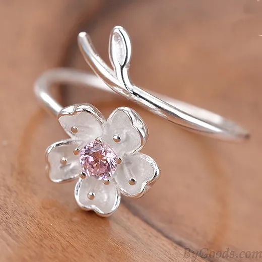 Fresh Pink Crystal Frosted Cherry Vivid Flower Branch Girl's Open Ring