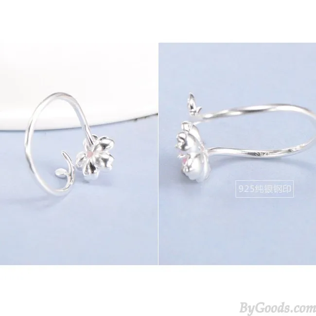 Fresh Pink Crystal Frosted Cherry Vivid Flower Branch Girl's Open Ring
