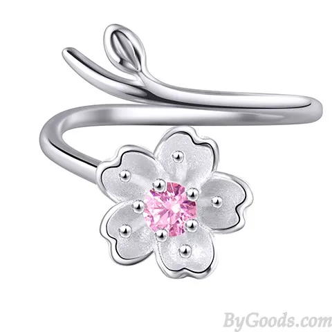 Fresh Pink Crystal Frosted Cherry Vivid Flower Branch Girl's Open Ring