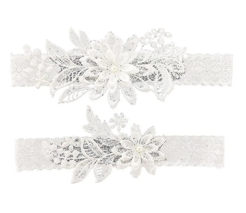 LIGAS DE BODA PARA NOVIA DAISY LACE BRIDAL GARTER HAND SEWN FAUX PEARLS GARTER SET 2 PIEZAS, BLANCO, TALLA AYA