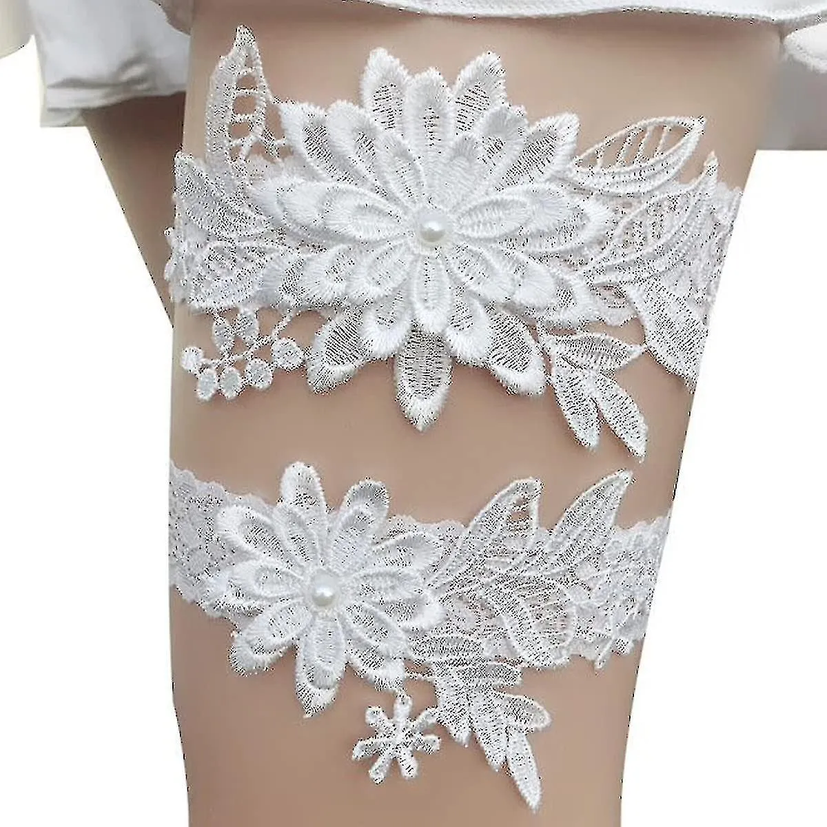LIGAS DE BODA PARA NOVIA DAISY LACE BRIDAL GARTER HAND SEWN FAUX PEARLS GARTER SET 2 PIEZAS, BLANCO, TALLA AYA