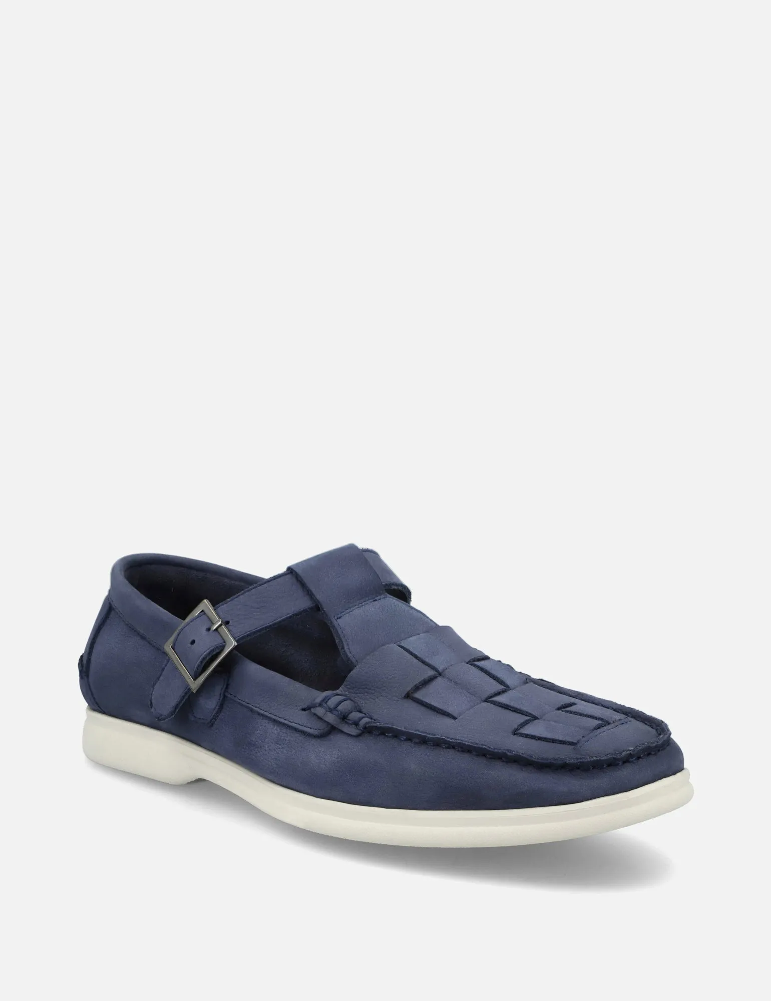 Mocasín con correa en piel nobuck color azul
