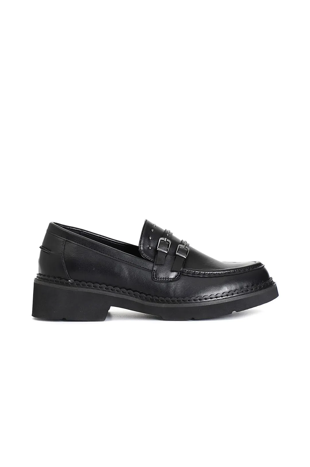 mocasín de mujer con doble hebilla y tachuelas. black