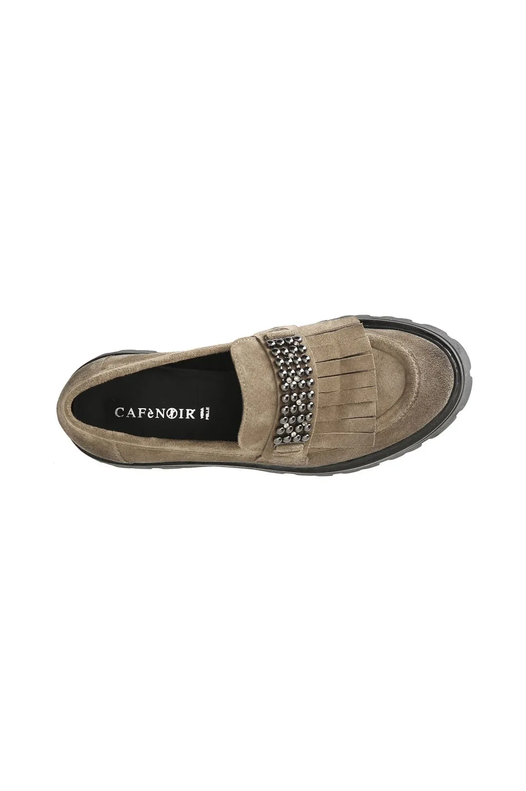 mocasín de mujer con flecos y complemento de ante. nut