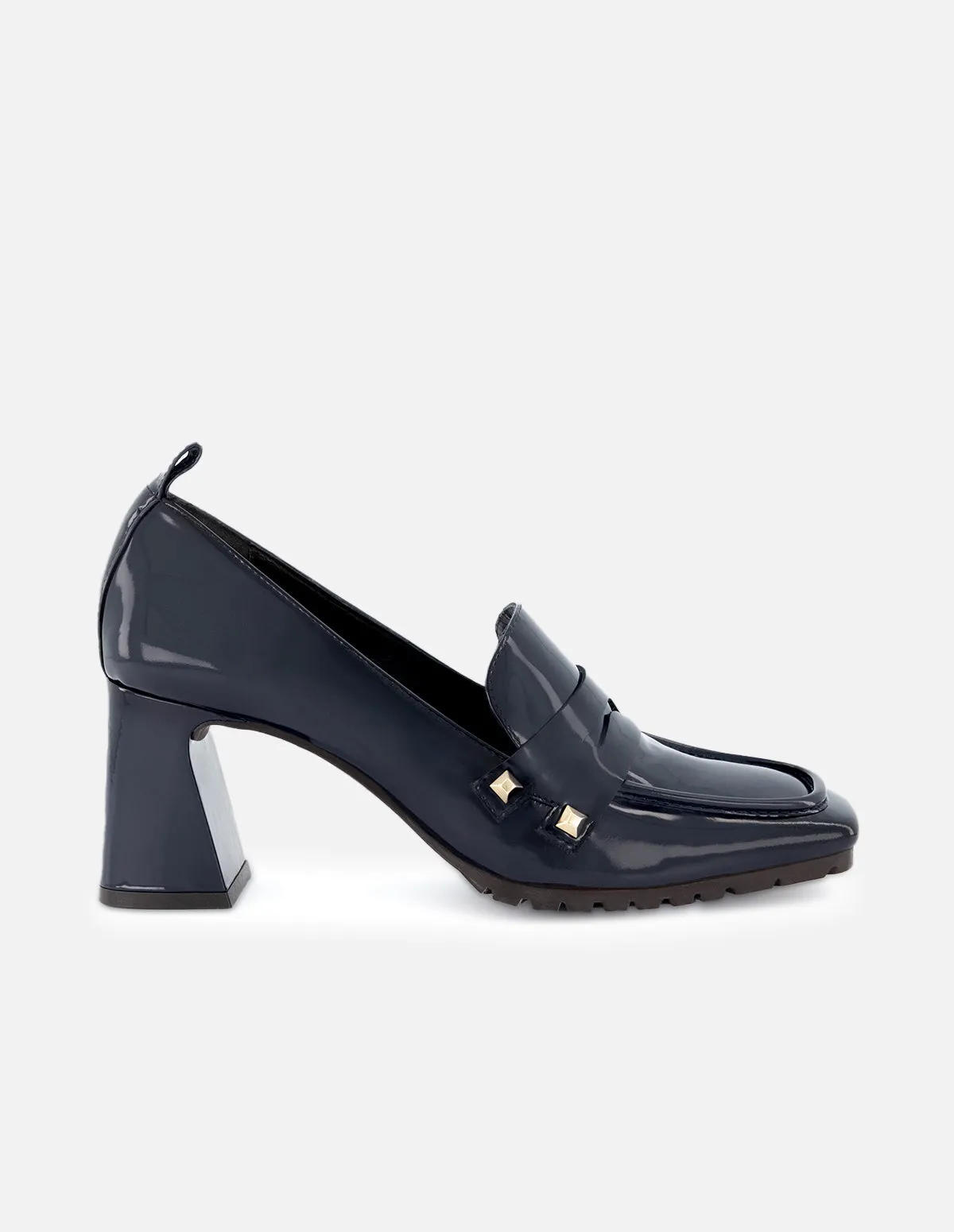 Mocasín de piel charol para mujer color marino con detllas en color dorado
