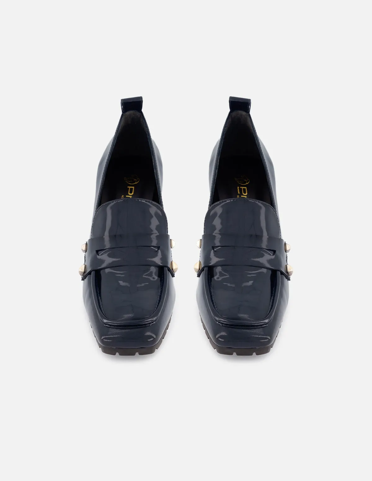 Mocasín de piel charol para mujer color marino con detllas en color dorado