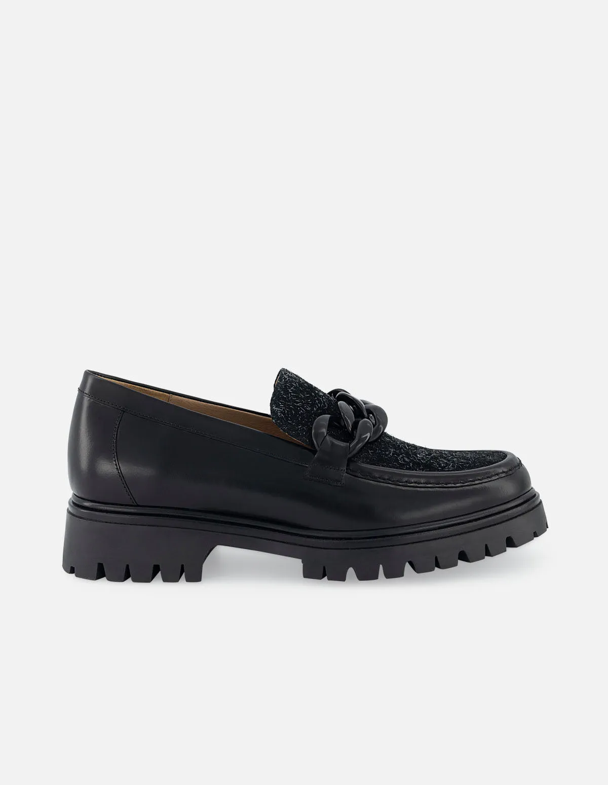 Mocasín de piel napa con textil color negro para mujer