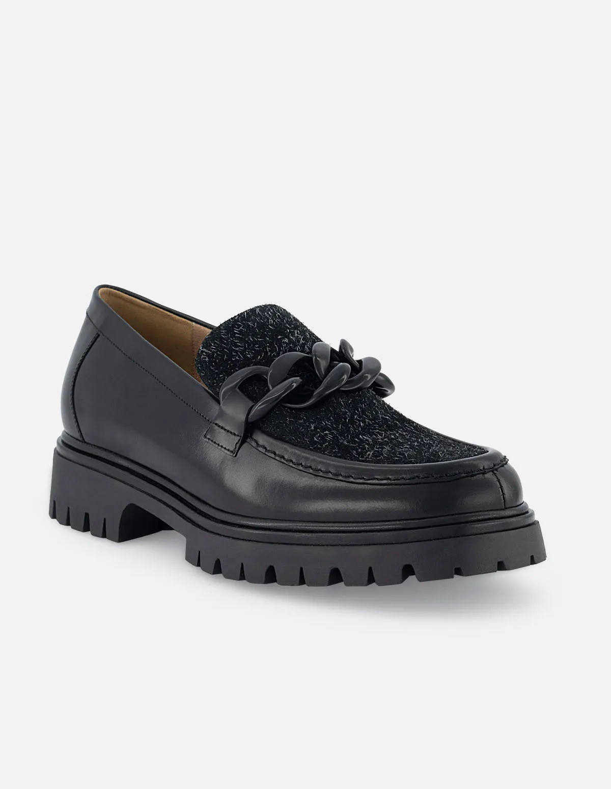 Mocasín de piel napa con textil color negro para mujer