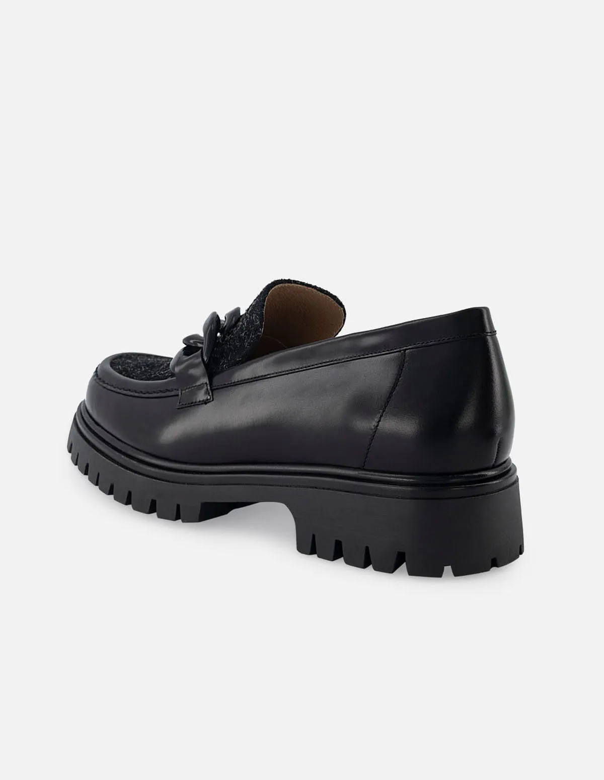 Mocasín de piel napa con textil color negro para mujer