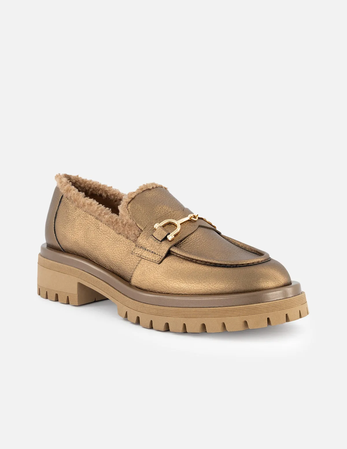 Mocasín de piel para mujer color dorado