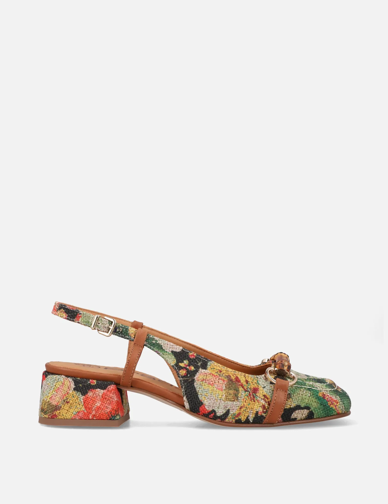 Mocasín destalonado en yute estampado floral multicolor