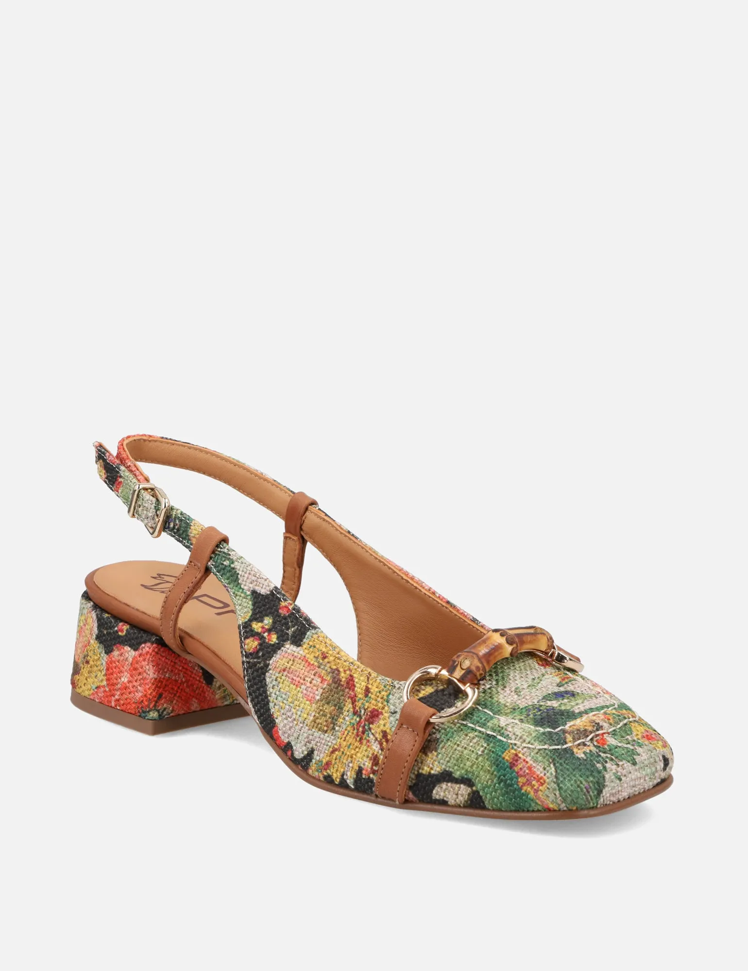 Mocasín destalonado en yute estampado floral multicolor