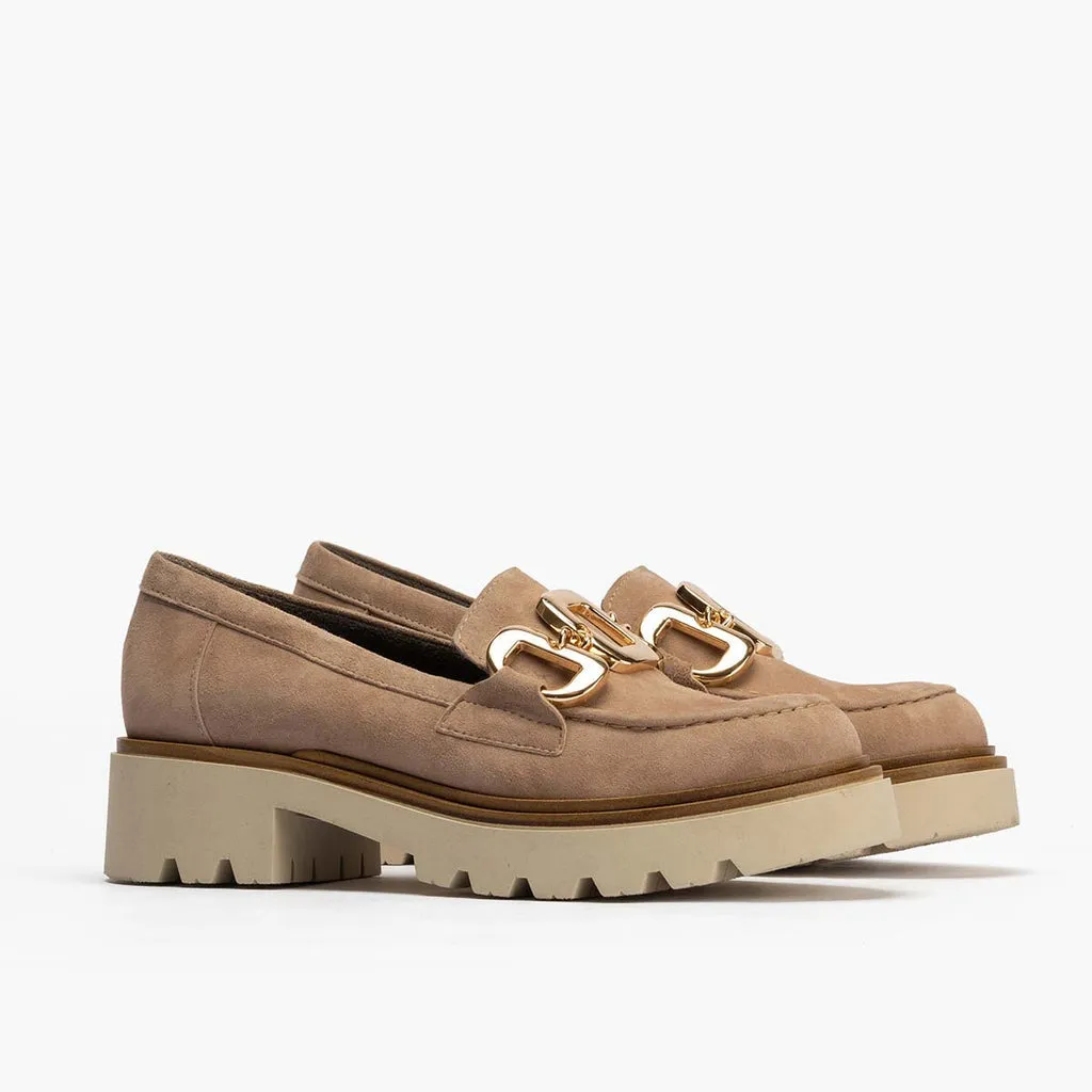 Mocasín en Ante de mujer color piedra
