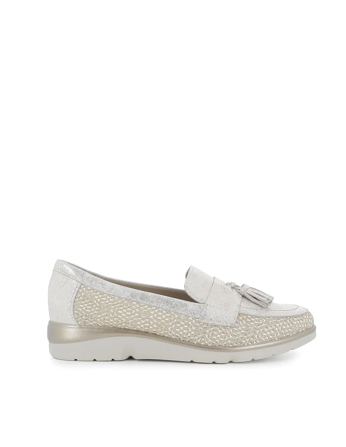 Mocasín plano piel lisa y rafia borlas mujer dorado Pitillos