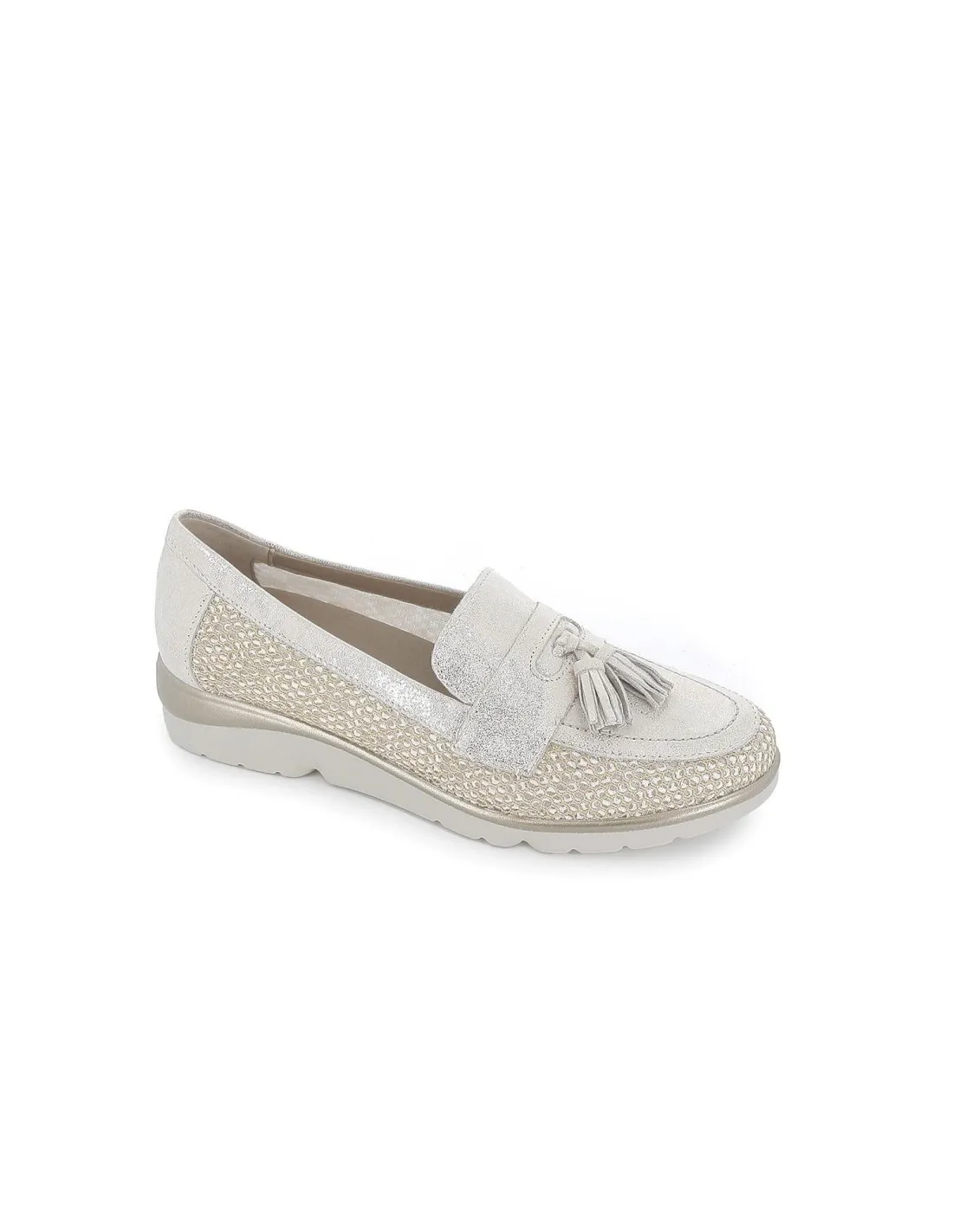 Mocasín plano piel lisa y rafia borlas mujer dorado Pitillos