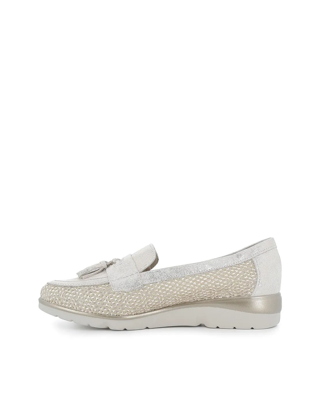Mocasín plano piel lisa y rafia borlas mujer dorado Pitillos